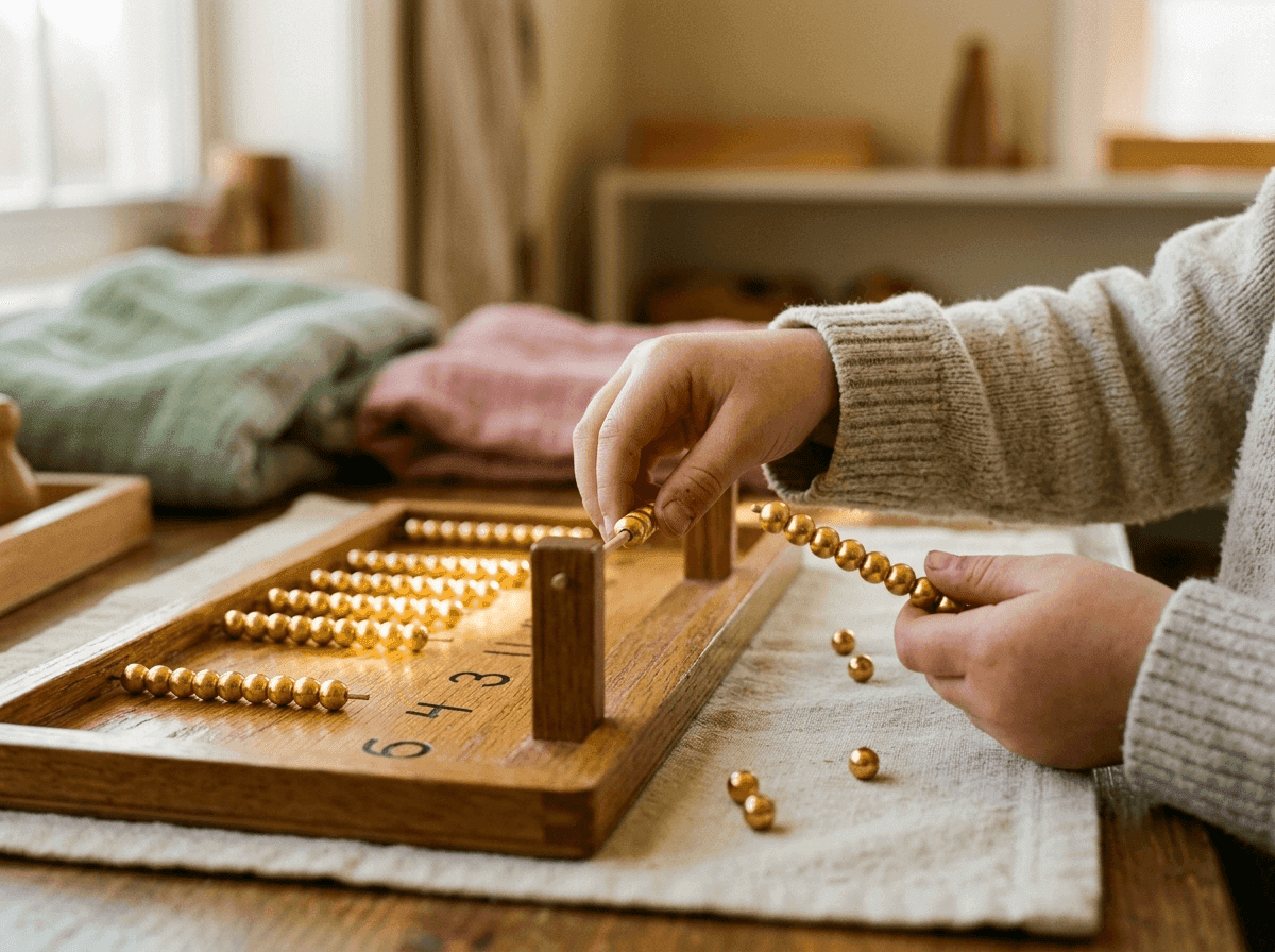 Detské ruky pracujú so zlatými perlami v Montessori materiáli