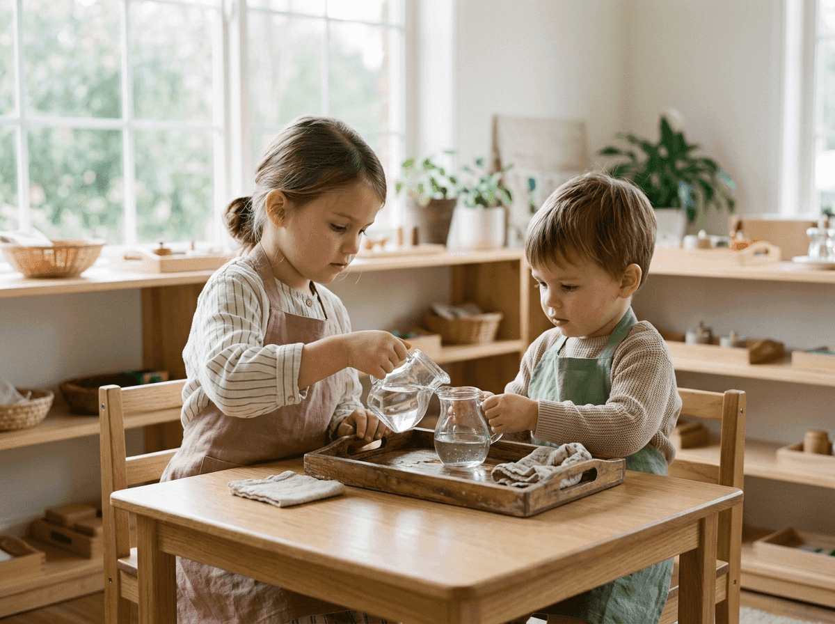 Dve deti pri praktickom Montessori cvičení