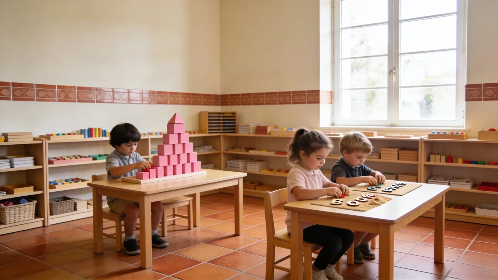 Deti v Montessori triede pri ružovej veži