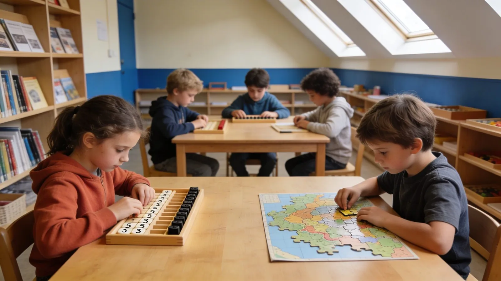 Školáci pri mapách a matematických pomôckach
