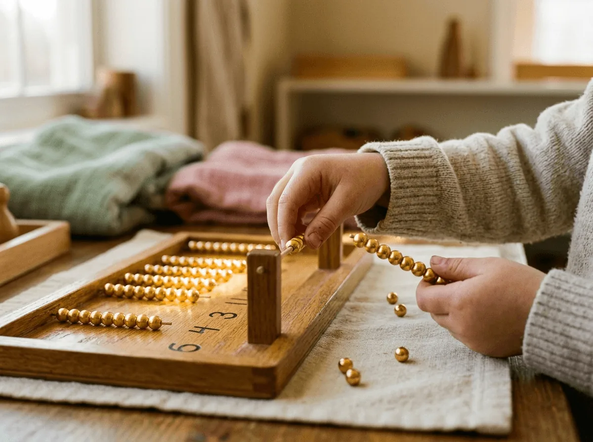 Detské ruky pracujú so zlatými perlami v Montessori materiáli