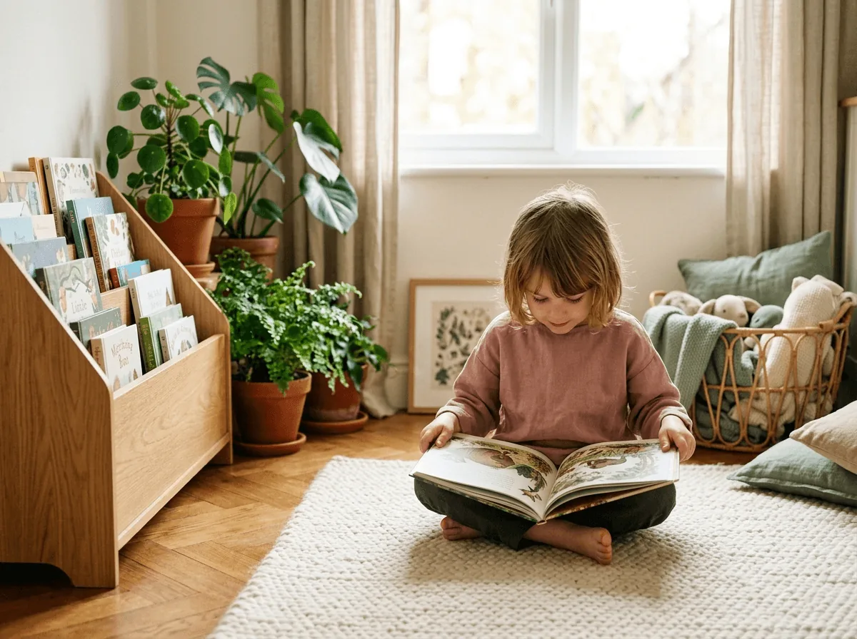 Dieťa číta v čitateľskom kútiku Montessori triedy