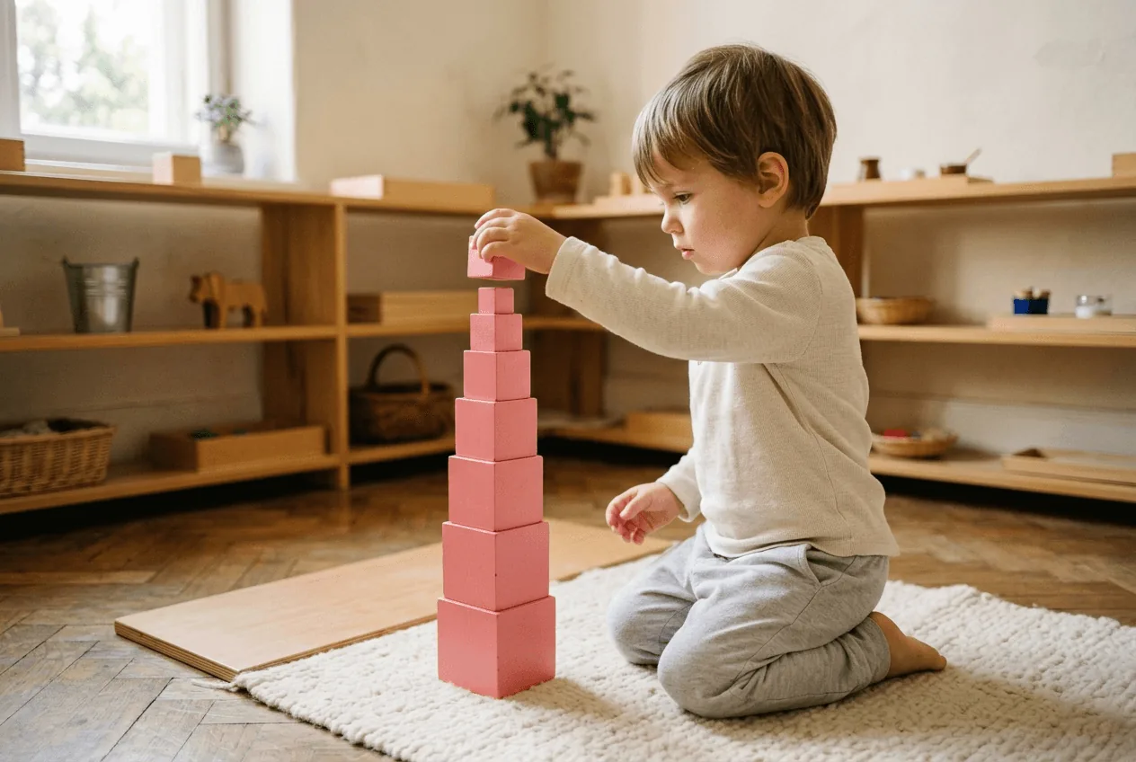 Dieťa stavia ružovú vežu v Montessori prostredí